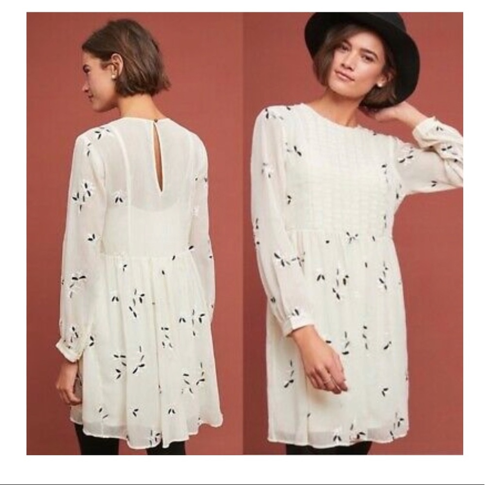 Anthropology Feather Bone Feuille Embroidered Tunic Dress Beige size: 8